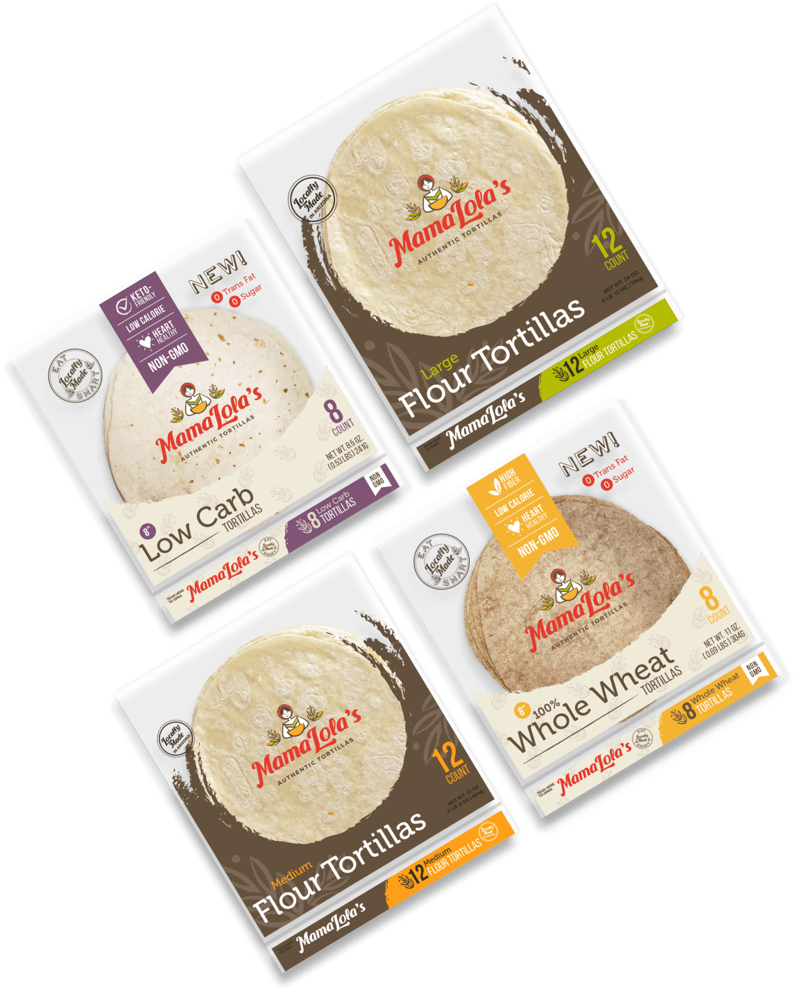 Four packs of Mama Lola's tortillas in assorted packaging: Low Carb, Large Flour, Small Flour, and Whole Wheat