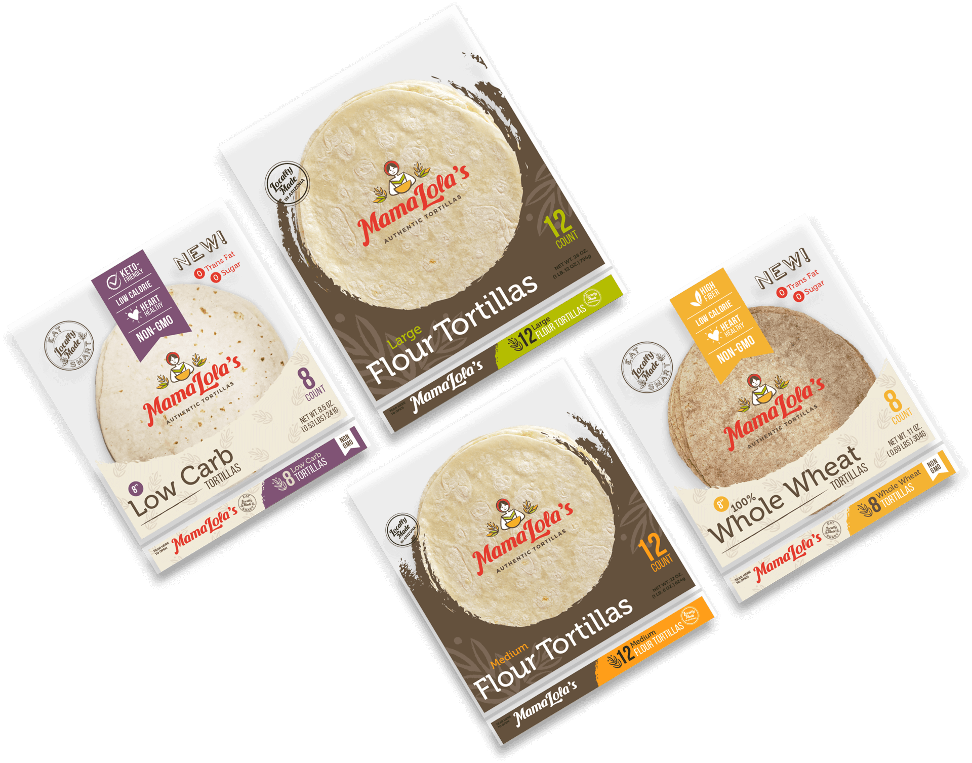 Four packages of Mama Lola's tortillas—Low Carb, Flour, Organic, and Whole Wheat—arranged diagonally on a white background