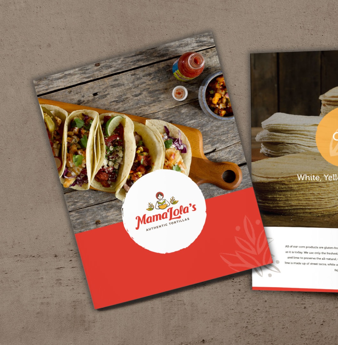 Two brochures on a table, one featuring tacos on a cutting board with the Mama Lola's Authentic Tortillas logo