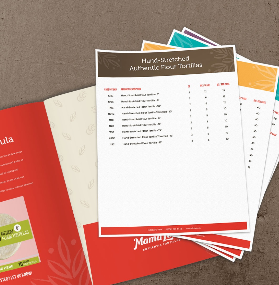 Stack of printed brochures and product sheets for Mama Lola's hand-stretched flour tortillas on a brown surface